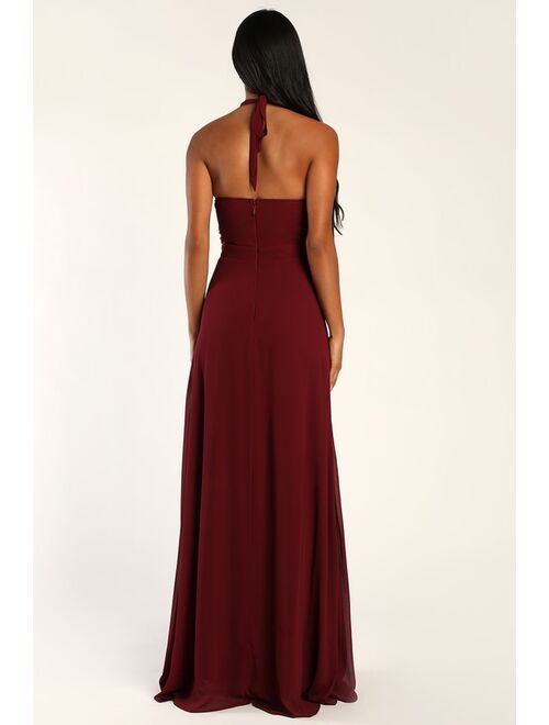 Lulus Truly Delightful Burgundy Halter Maxi Dress