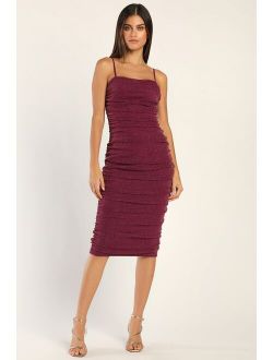 Here to Dazzle Magenta Metallic Ruched Mesh Bodycon Midi Dress