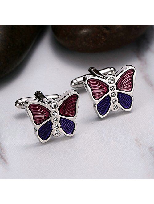 Gnzoe Silver Cufflink Set, Cufflink Wedding Stainless Steel Crystal Butterfly Cuff Links Purple Pink