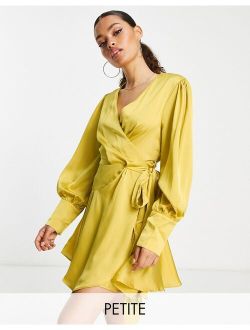 Glamorous Petite ruffle detail wrap dress in chartreuse satin