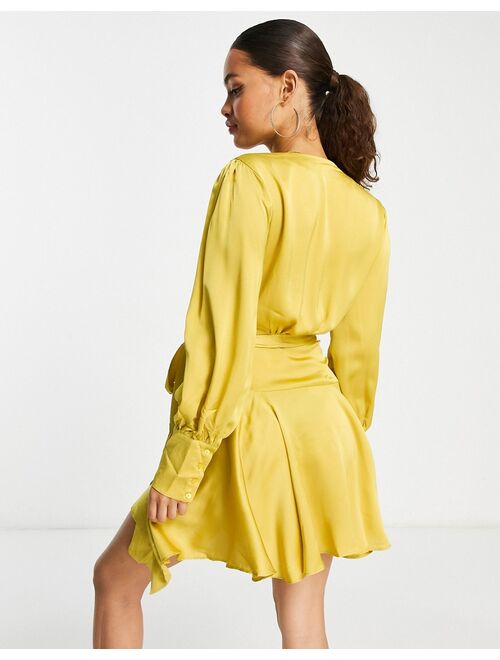 Glamorous Petite ruffle detail wrap dress in chartreuse satin