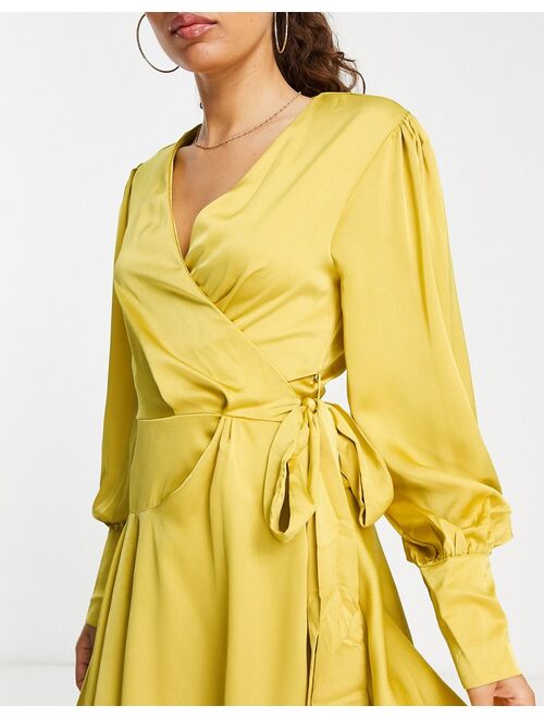 Glamorous Petite ruffle detail wrap dress in chartreuse satin