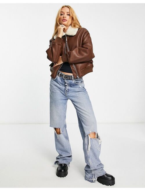 Bershka aviator jacket in brown