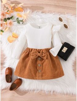 Baby Ribbed Knit Ruffle Trim Tee & Bow Front Skirt