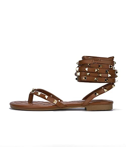 Cape Robbin Casiana Gladiator Sandals Slides for Women, Lace Up Studded Womens Split Toe Shoes