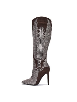 Olkley Cowboy Knee High Boots Women, Western Cowgirl Boots for Women with Stiletto Heels, Fashion Dress Boots for Women