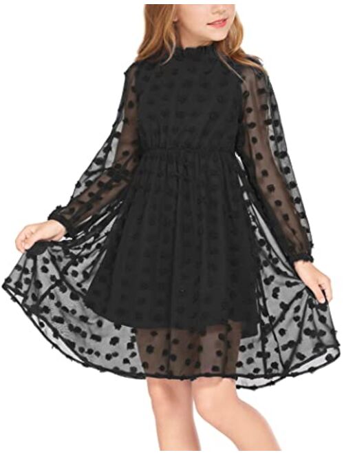 Flypigs Girls Dresses Swiss Dot Flared Sleeve Ruffle Collar Party Dress Casual Midi Dress for Kids Girl 5T-13Y