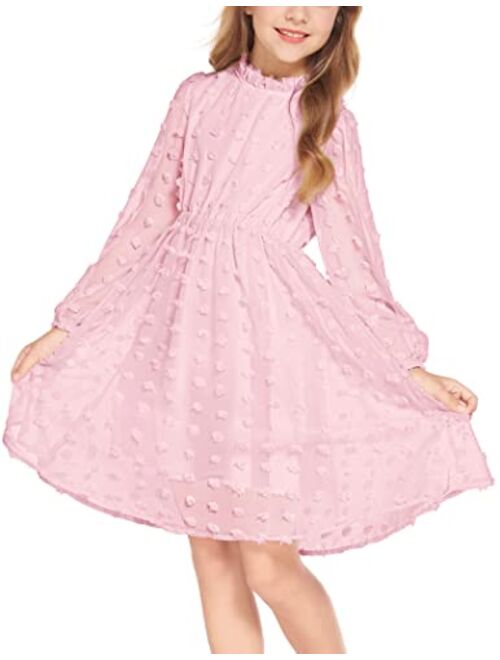 Flypigs Girls Dresses Swiss Dot Flared Sleeve Ruffle Collar Party Dress Casual Midi Dress for Kids Girl 5T-13Y