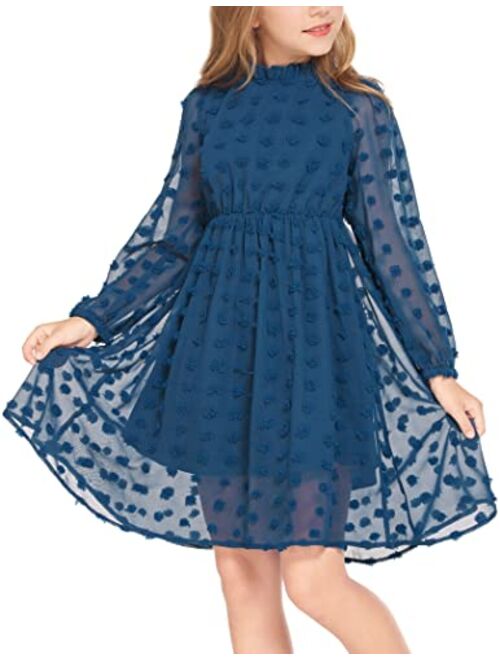 Flypigs Girls Dresses Swiss Dot Flared Sleeve Ruffle Collar Party Dress Casual Midi Dress for Kids Girl 5T-13Y