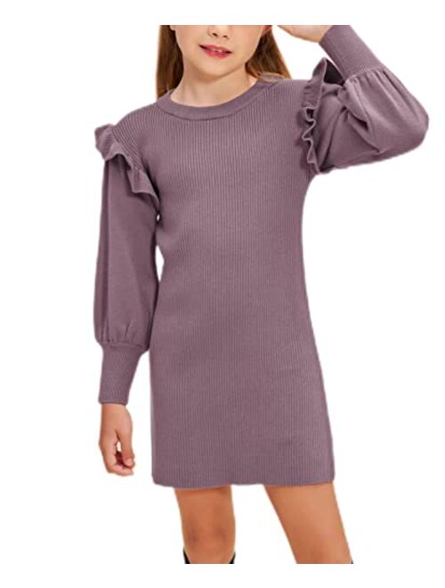 Danna Belle Girls Crew Neck Sweater Dress Lantern Sleeve Dress Knit Ruffled Dress Size 5-12