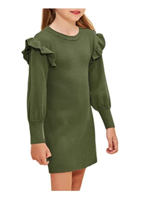 Danna Belle Girls Crew Neck Sweater Dress Lantern Sleeve Dress Knit Ruffled Dress Size 5-12