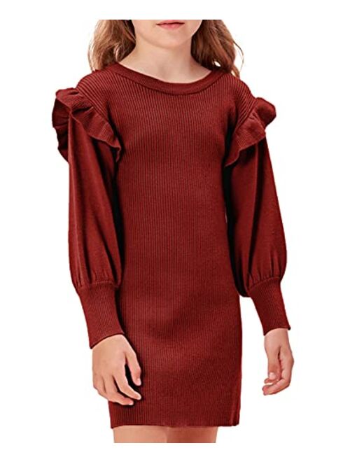 Danna Belle Girls Crew Neck Sweater Dress Lantern Sleeve Dress Knit Ruffled Dress Size 5-12