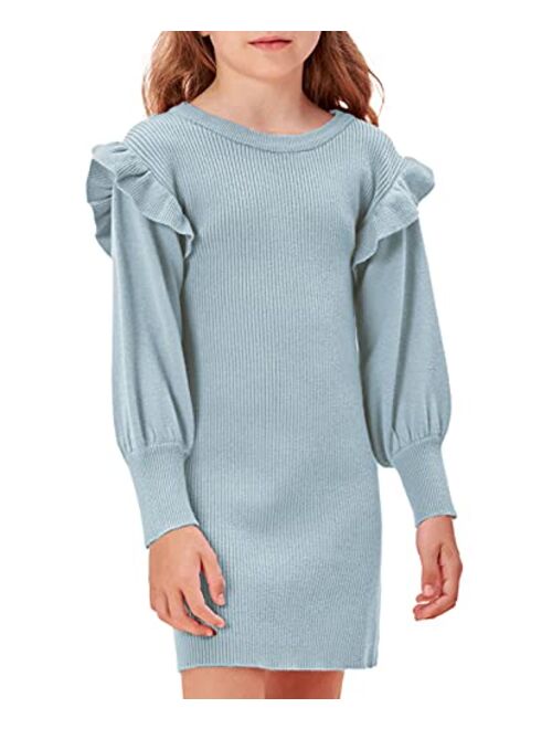 Danna Belle Girls Crew Neck Sweater Dress Lantern Sleeve Dress Knit Ruffled Dress Size 5-12