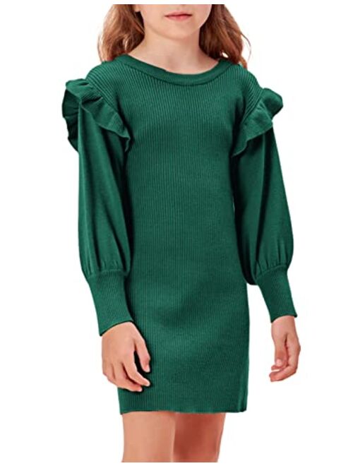 Danna Belle Girls Crew Neck Sweater Dress Lantern Sleeve Dress Knit Ruffled Dress Size 5-12