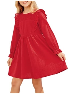 Hopeac Girls Long Sleeve Dress Ruffle Cotton Linen Solid Color A-line Flowy Swing Flared Casual Mini Dresses