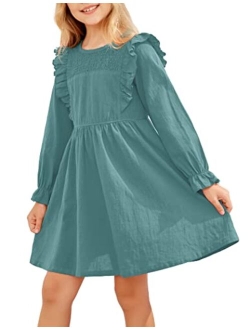 Hopeac Girls Long Sleeve Dress Ruffle Cotton Linen Solid Color A-line Flowy Swing Flared Casual Mini Dresses