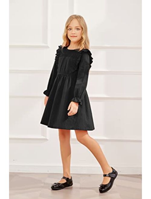 Hopeac Girls Long Sleeve Dress Ruffle Cotton Linen Solid Color A-line Flowy Swing Flared Casual Mini Dresses