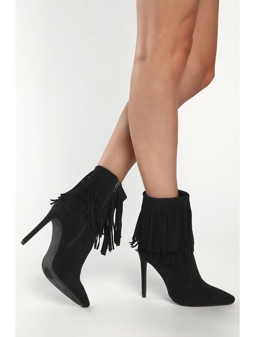 Lulus Seleste Light Nude Suede Fringe Pointed-Toe Mid-Calf Boots