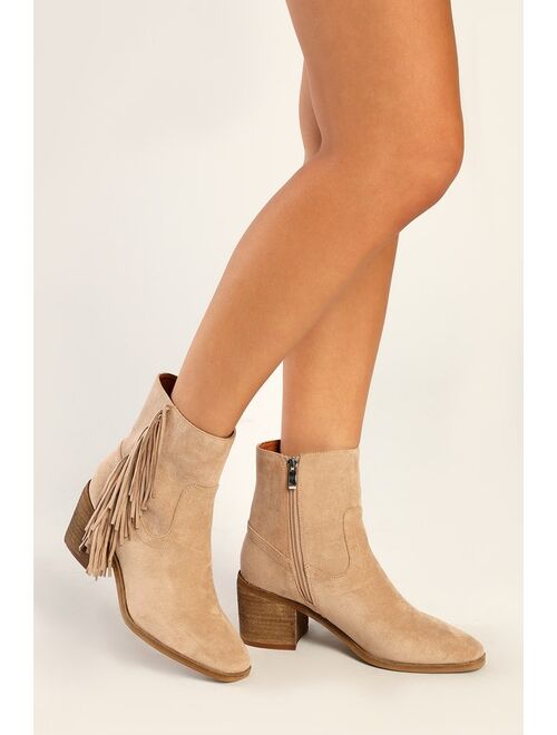 Lulus Abiana Taupe Suede Fringe Ankle Booties