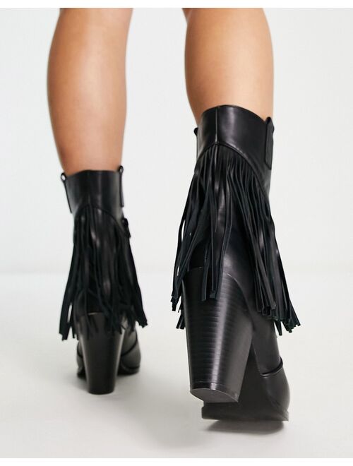 Glamorous fringed western heel boots in black