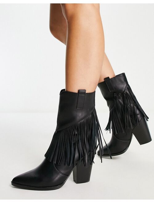 Glamorous fringed western heel boots in black