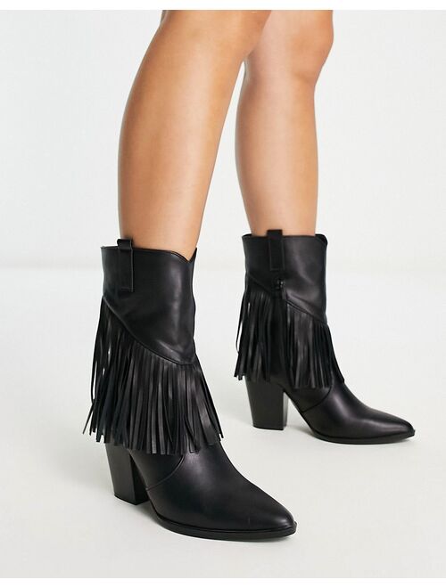 Glamorous fringed western heel boots in black