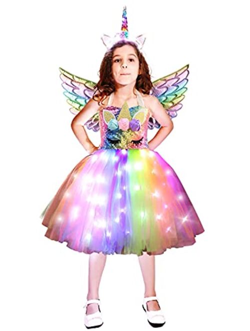 Cuteshower Girls Unicorn Tutu Costume LED Princess Dress Up Halloween Outfit with Headband and Wings