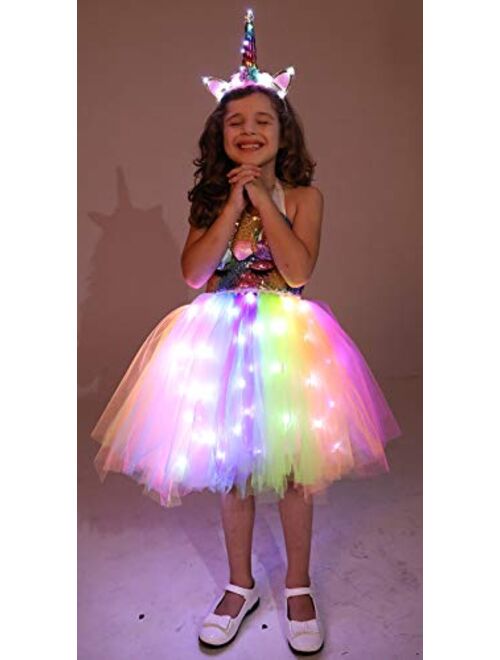 Cuteshower Girls Unicorn Tutu Costume LED Princess Dress Up Halloween Outfit with Headband and Wings