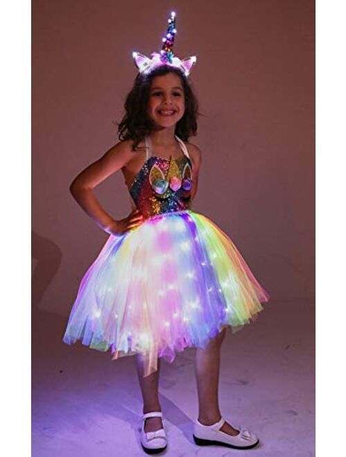 Cuteshower Girls Unicorn Tutu Costume LED Princess Dress Up Halloween Outfit with Headband and Wings