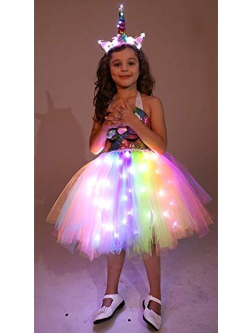 Cuteshower Girls Unicorn Tutu Costume LED Princess Dress Up Halloween Outfit with Headband and Wings