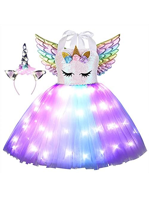 Cuteshower Girls Unicorn Tutu Costume LED Princess Dress Up Halloween Outfit with Headband and Wings