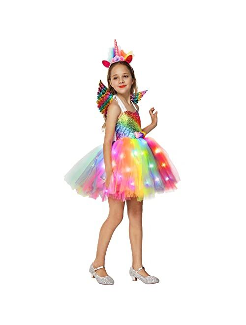 Twister.Ck Girls Unicorn Costume LED Light Up Halloween Unicorn Princess Tutu Outfit for Party Birthday Dress Up Gifts with Headband