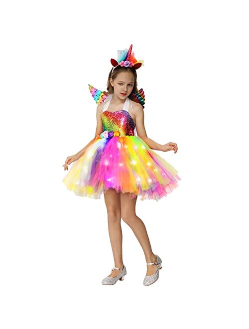 Twister.Ck Girls Unicorn Costume LED Light Up Halloween Unicorn Princess Tutu Outfit for Party Birthday Dress Up Gifts with Headband