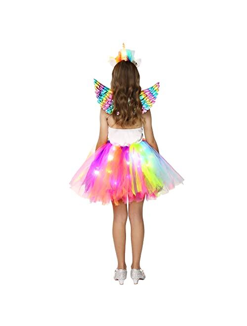 Twister.Ck Girls Unicorn Costume LED Light Up Halloween Unicorn Princess Tutu Outfit for Party Birthday Dress Up Gifts with Headband