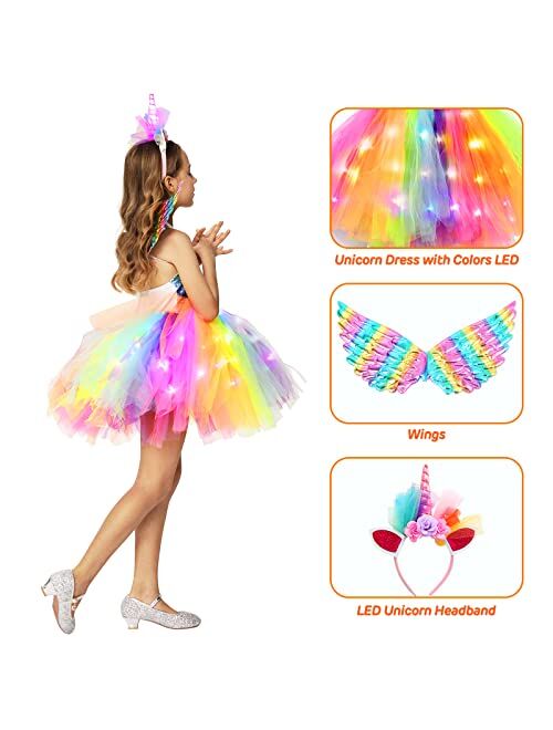 Twister.Ck Girls Unicorn Costume LED Light Up Halloween Unicorn Princess Tutu Outfit for Party Birthday Dress Up Gifts with Headband