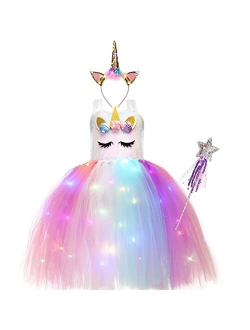 Geyoga Girls Unicorn Tutu Costumes Dress Light Up Unicorn LED Headband Fairy Wand