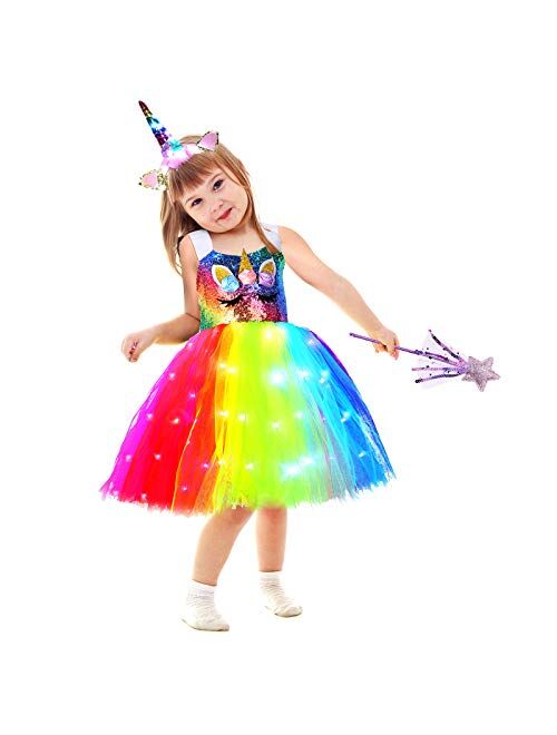 Geyoga Girls Unicorn Tutu Costumes Dress Light Up Unicorn LED Headband Fairy Wand