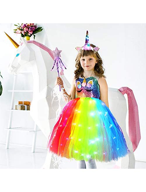 Geyoga Girls Unicorn Tutu Costumes Dress Light Up Unicorn LED Headband Fairy Wand