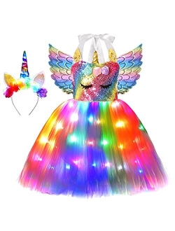 Soyoekbt Girls Unicorn Costume LED Light Up Unicorn Princess Dress Birthday Party Outfit Halloween Tutu Dress with Headband