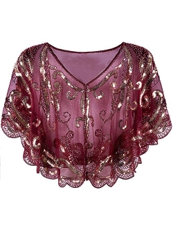 Vijiv Womens Vintage 1920s Shawl Beaded Sequin Deco Evening Cape Shrug Bolero Flapper Cover Up