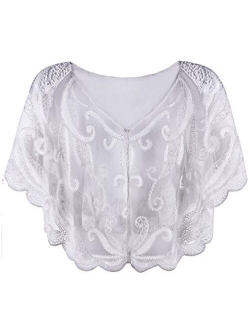 Vijiv Womens Vintage 1920s Shawl Beaded Sequin Deco Evening Cape Shrug Bolero Flapper Cover Up