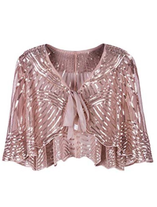 VIJIV 1920s Vintage Style Cape Jacket Embellished Bridal Shawl Capelet Flapper Bolero Cover Up Gatsby Party