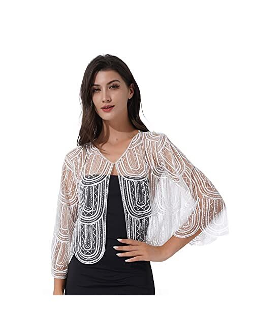 YiZYiF Women's 1920s Shawl Bolero Shrug Roaring 20's Sequined Cape Fringed Flapper Dress Cover up