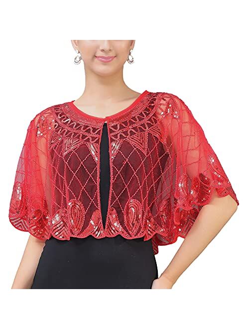 YONGHS Womens Mesh Sequins Shawl Wraps Shrug for Evening Dress Wedding Cape Bolero Flapper Cover Up