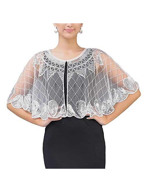 YONGHS Womens Mesh Sequins Shawl Wraps Shrug for Evening Dress Wedding Cape Bolero Flapper Cover Up