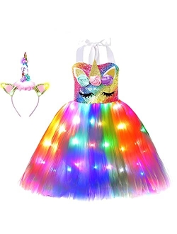 Soyoekbt Girls Unicorn Costume LED Light Up Princess Tutu Dress with Unicorn Headband for Halloween Birthday Party 3-8 Years