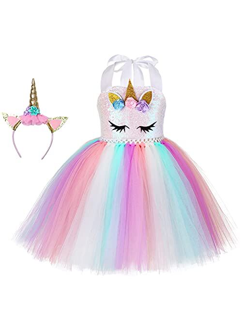 Soyoekbt Girls Unicorn Costume LED Light Up Princess Tutu Dress with Unicorn Headband for Halloween Birthday Party 3-8 Years