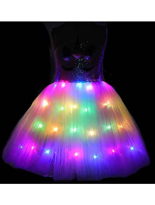 Soyoekbt Girls Unicorn Costume LED Light Up Princess Tutu Dress with Unicorn Headband for Halloween Birthday Party 3-8 Years