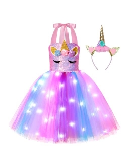 Gigoitly Unicorn Dress for Girls Sequin Unicorn Costume with LED Lights for Halloween Birthday Party Decorations