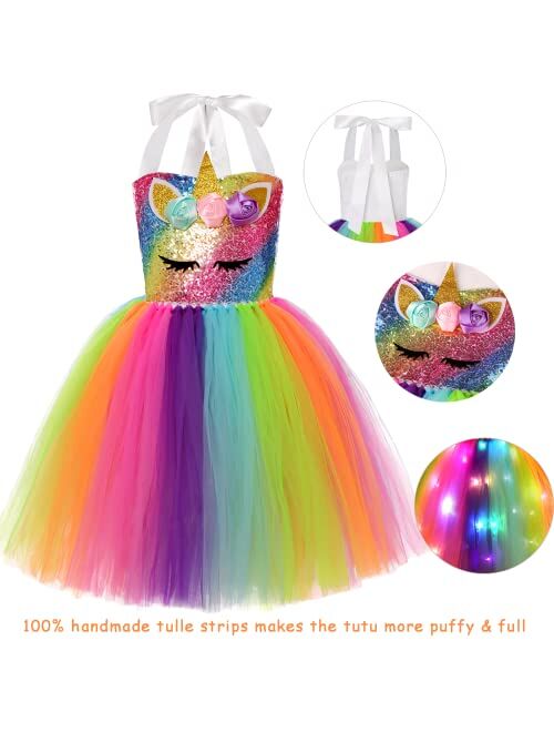 Gigoitly Unicorn Dress for Girls Sequin Unicorn Costume with LED Lights for Halloween Birthday Party Decorations